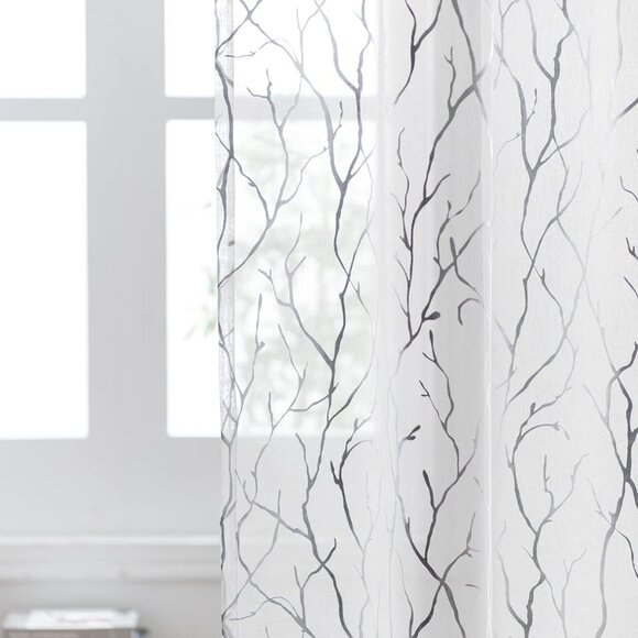 Sheer Curtains 52"W x 84"L White with Silver Tree Branches Grommet Top 2 Panels - Picture 5 of 5
